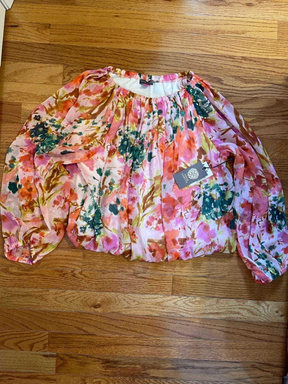 NWT Vince Camuto Pink Floral Peasant Blouse with Elastic Hem Sz S